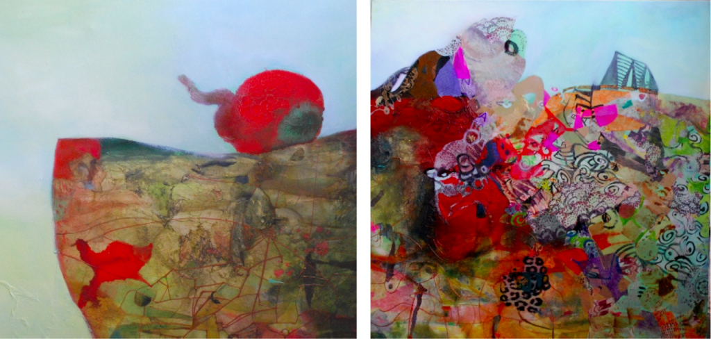 Diptych, oil and collage on canvas, 39 x 39 in each piece.